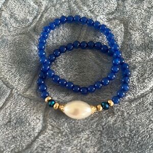 Elegant Blue Beaded Bracelet Set with large faux pearl